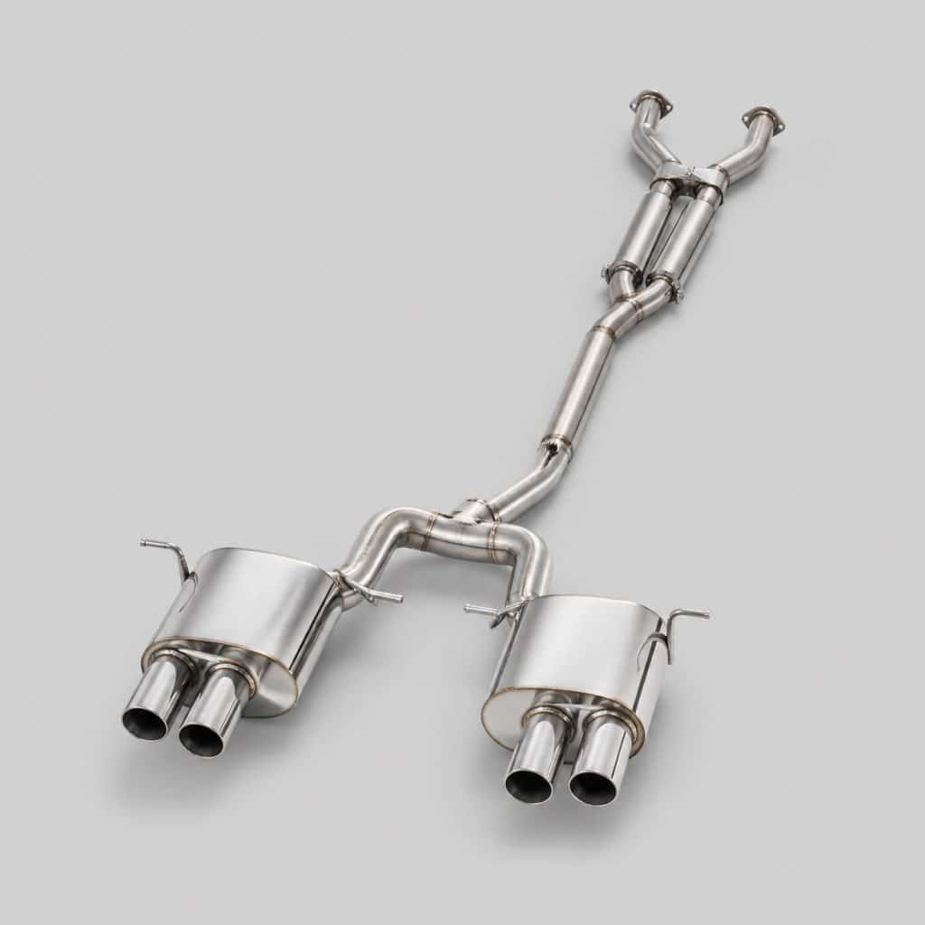 Ligne d'échappement inox sur mesure sur fond clair studio