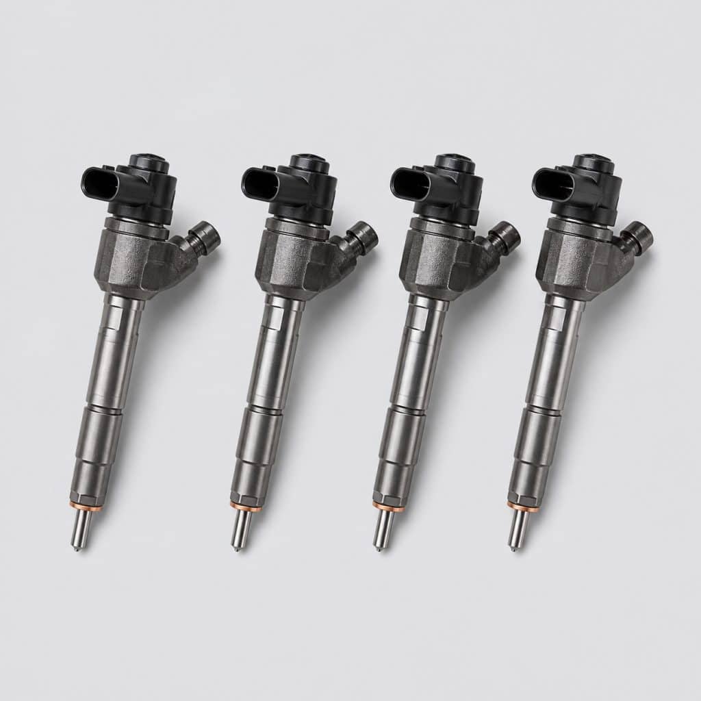 Jeu de quatre injecteurs diesel reconditionnés sur fond clair