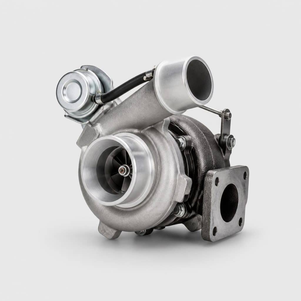 Turbocompresseur reconditionné posé sur fond clair studio