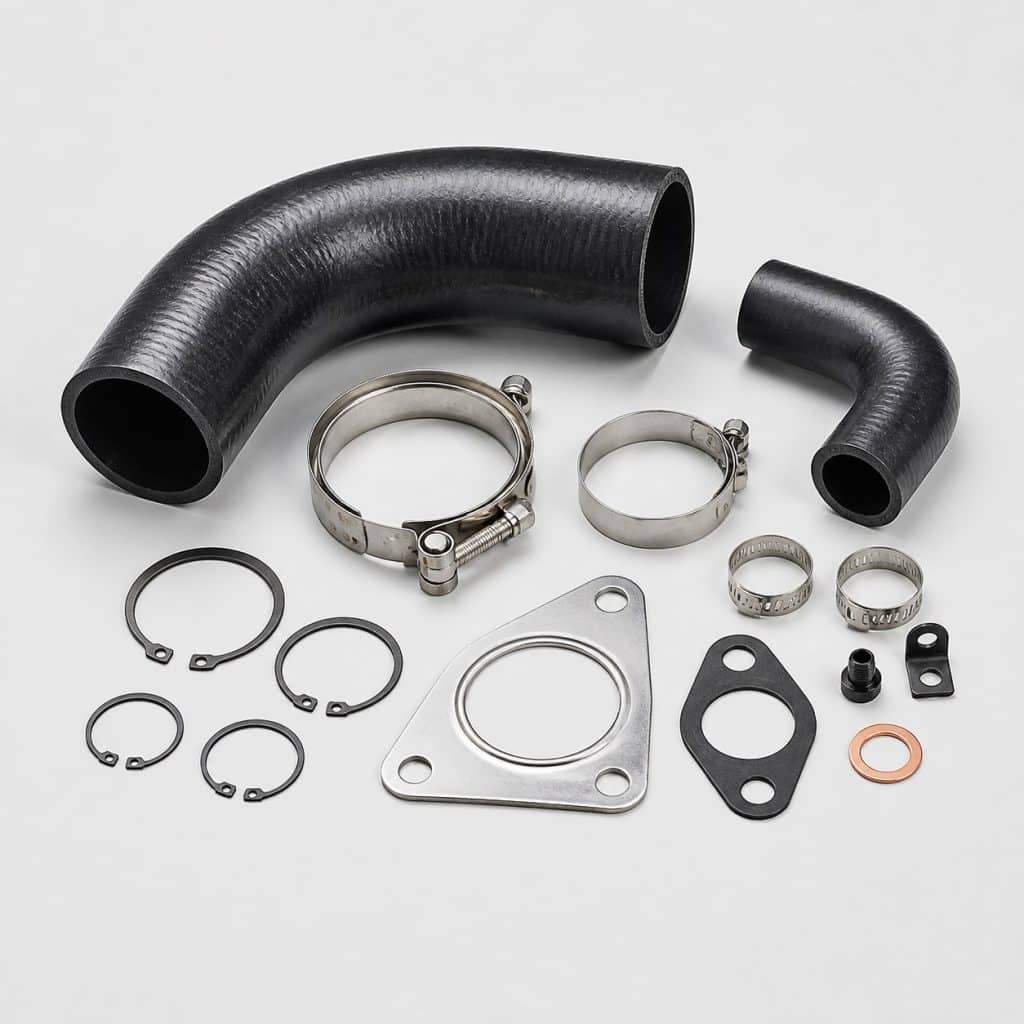 Kit de réparation turbo avec durite et joints sur fond clair